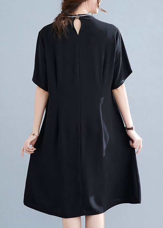Black Stand Collar Button Butterfly Embroideried Cheongsam Dresses Short Sleeve