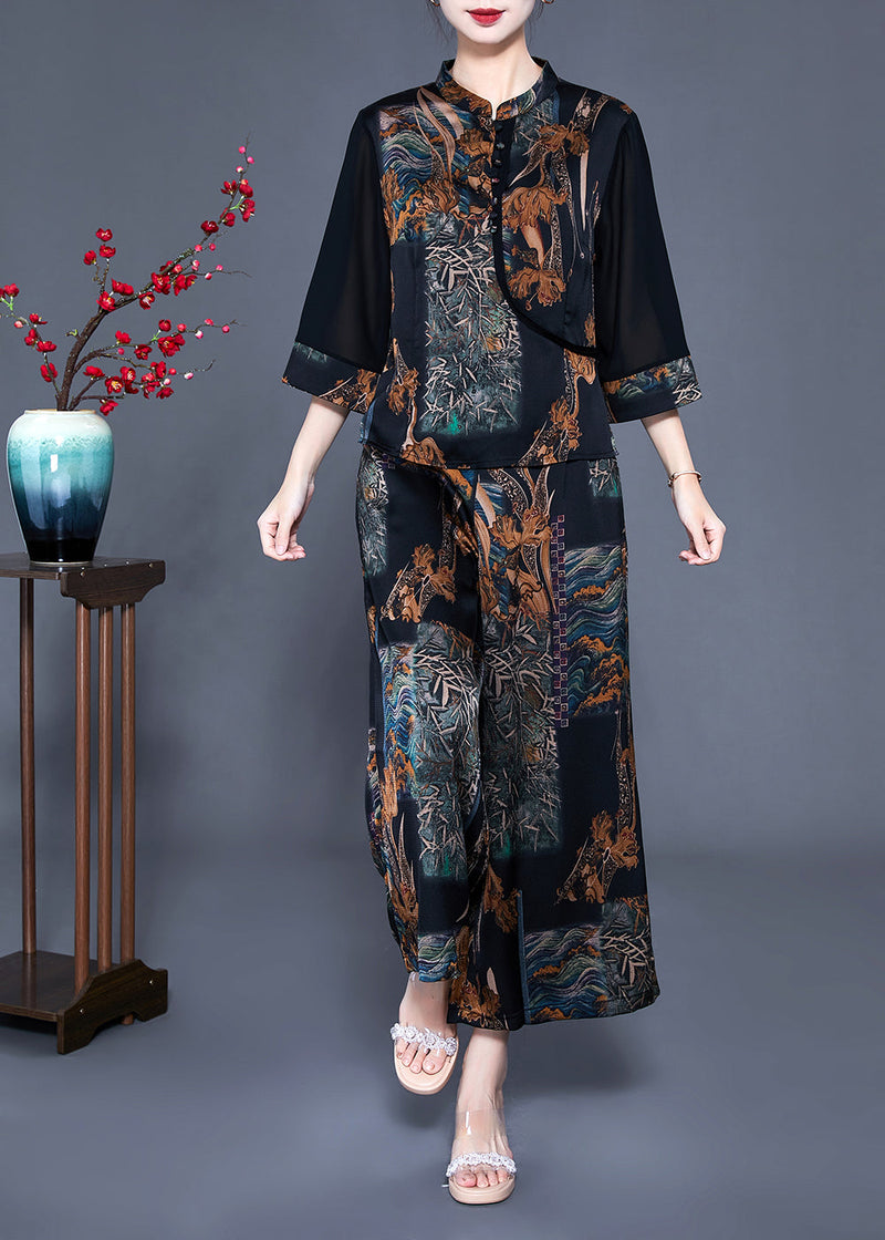 Black Stand Collar Patchwork Print Silk Two Pieces Set Bracelet Sleeve
