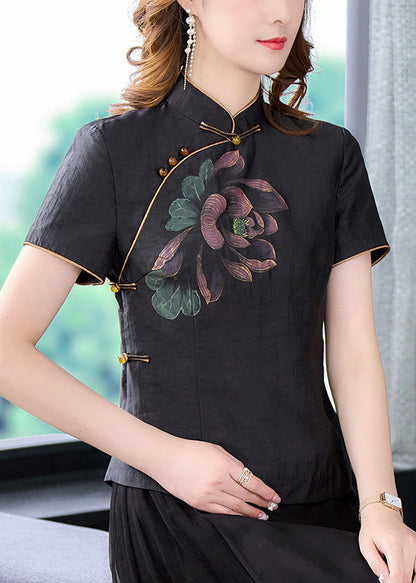 Black Stand Collar Print Chinese Button Silk Shirt Tops Summer