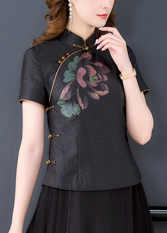 Black Stand Collar Print Chinese Button Silk Shirt Tops Summer