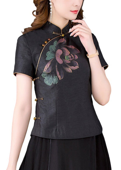 Black Stand Collar Print Chinese Button Silk Shirt Tops Summer