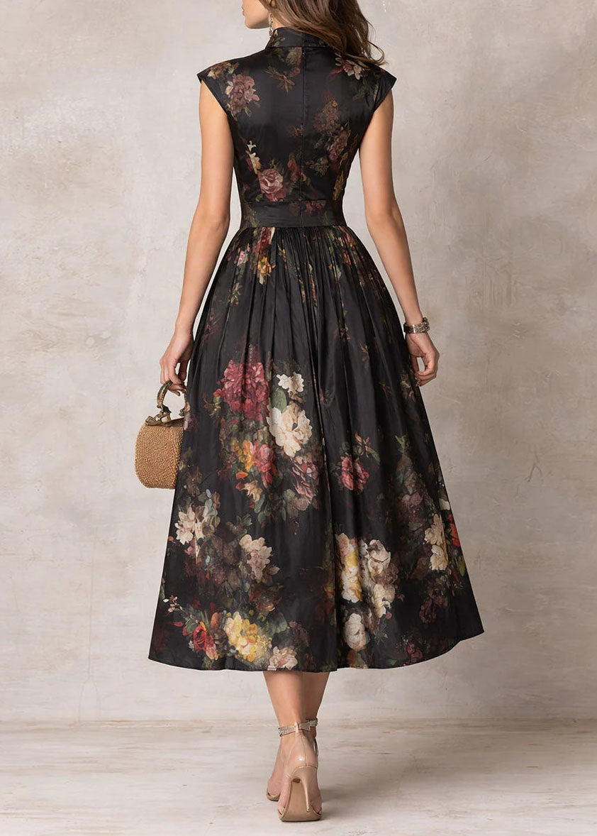 Black Stand Collar Print Pockets Cotton Dress Summer