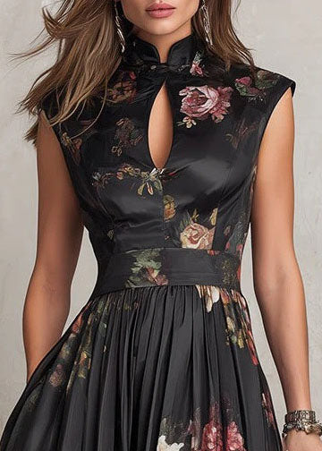 Black Stand Collar Print Pockets Cotton Dress Summer