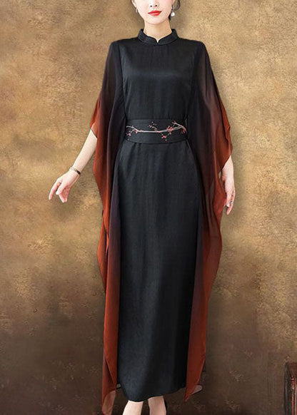 Black Stand Collar Sashes Silk Vacation Dresses Batwing Sleeve