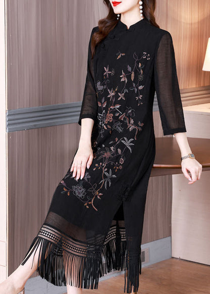 Black Tasseled Embroidered Silk Long Dresses Bracelet Sleeve