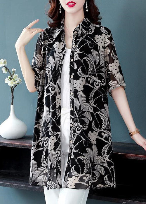Black Turn-down Collar Print Draping Chiffon Long Shirt for Half Sleeve