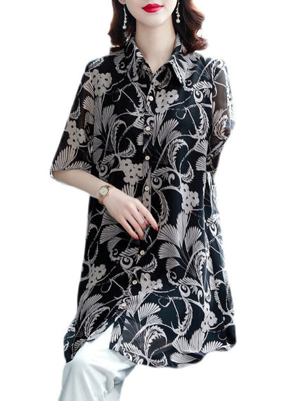Black Turn-down Collar Print Draping Chiffon Long Shirt for Half Sleeve