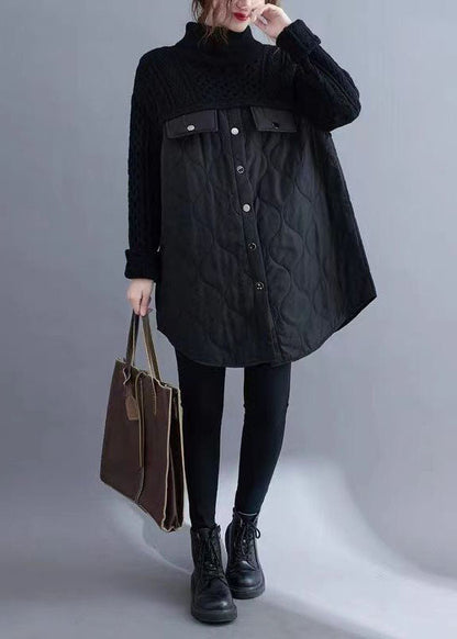 Black Turtle Neck Patchwork Knit Cotton Filled Long Sweater Winter