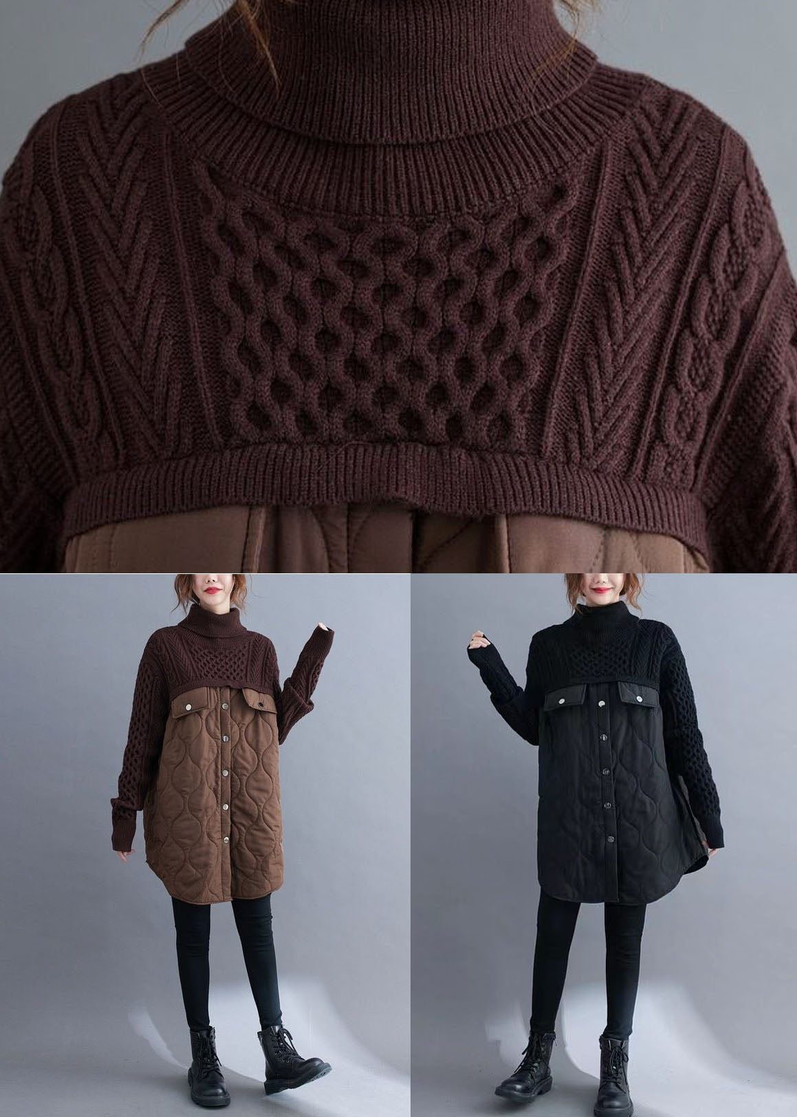 Black Turtle Neck Patchwork Knit Cotton Filled Long Sweater Winter