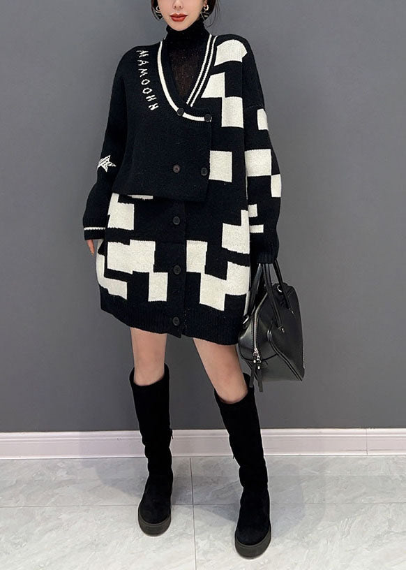 Black Turtle Neck Patchwork Plaid Knit Fake Two Piece Long Sweater Winter