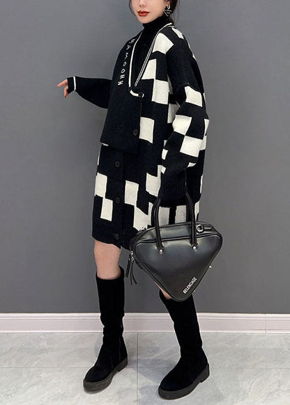 Black Turtle Neck Patchwork Plaid Knit Fake Two Piece Long Sweater Winter