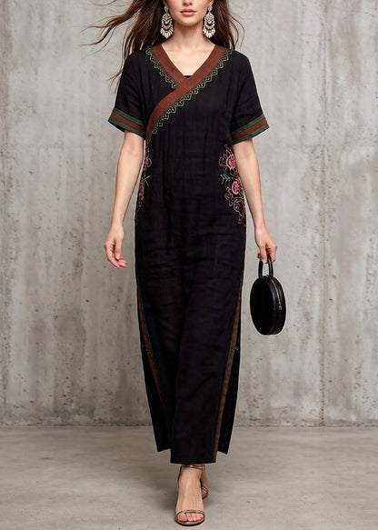 Black V Neck Embroidered Cotton Dress Summer