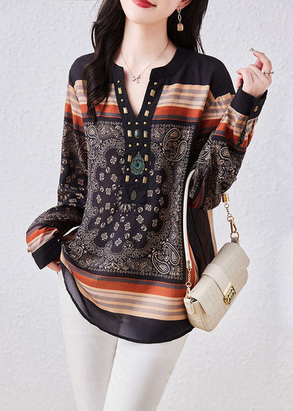 Black V Neck Print Patchwork Chiffon Blouses Long Sleeve
