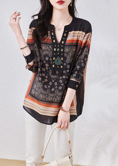 Black V Neck Print Patchwork Chiffon Blouses Long Sleeve