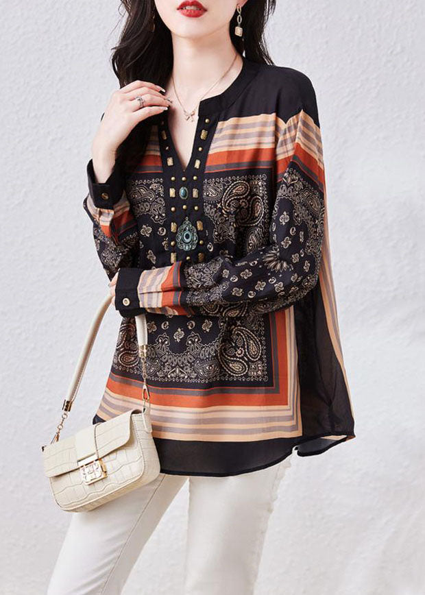 Black V Neck Print Patchwork Chiffon Blouses Long Sleeve