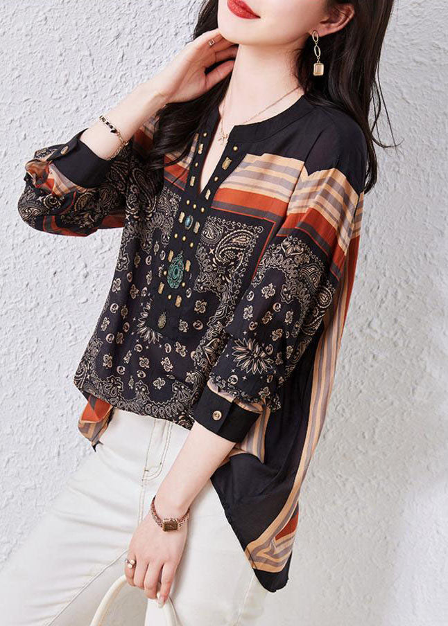 Black V Neck Print Patchwork Chiffon Blouses Long Sleeve