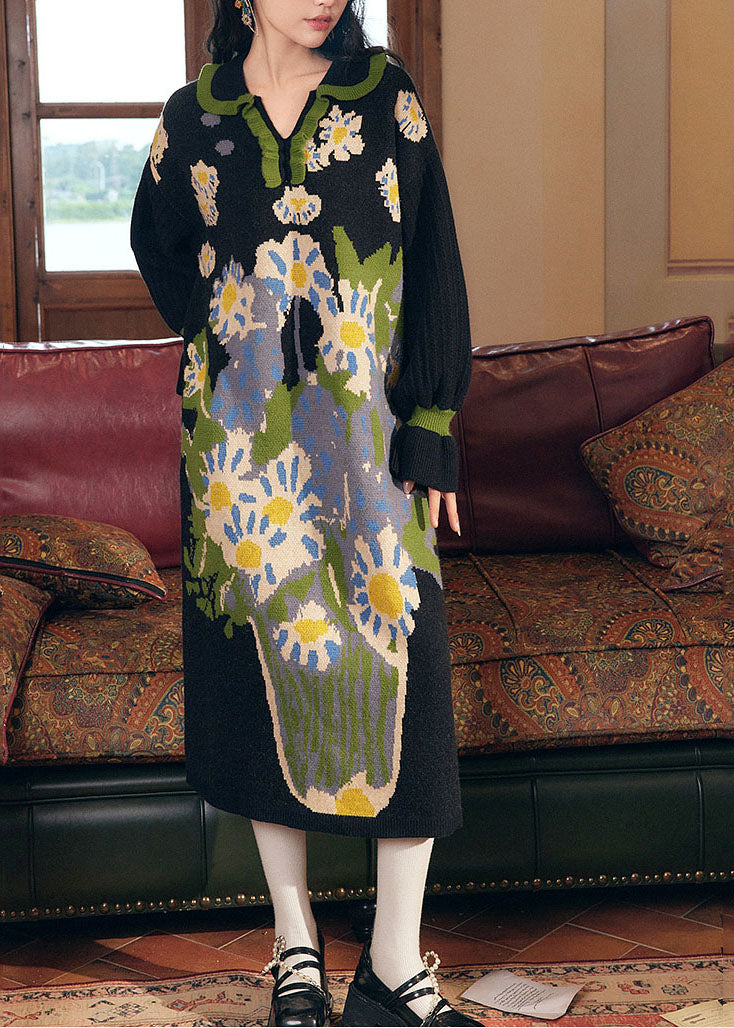 Black V Neck Print Ruffled Patchwork Cotton Knit Long Dress Fall