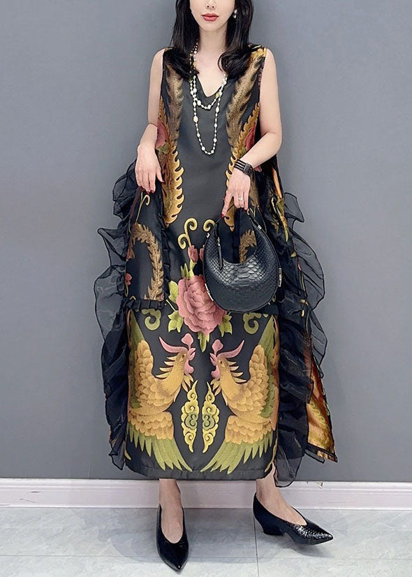 Black V Neck Print Ruffled Patchwork Silk Dress Sleeveless
