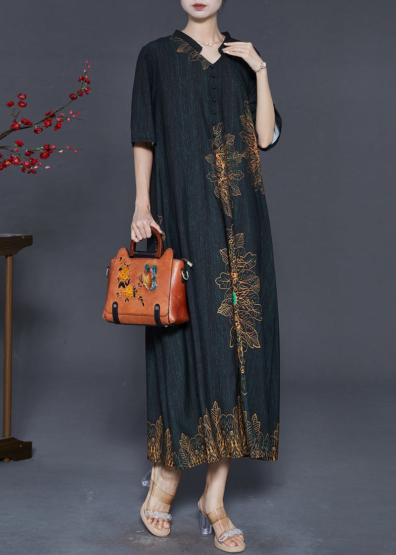 Black V Neck Print Silk Long Dresses Summer