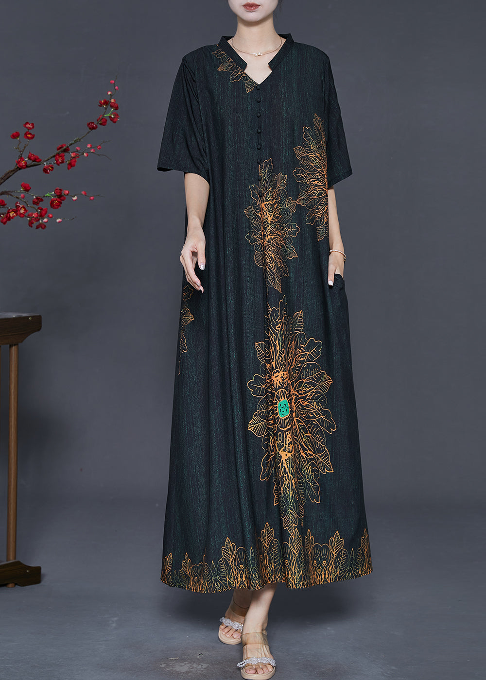 Black V Neck Print Silk Long Dresses Summer