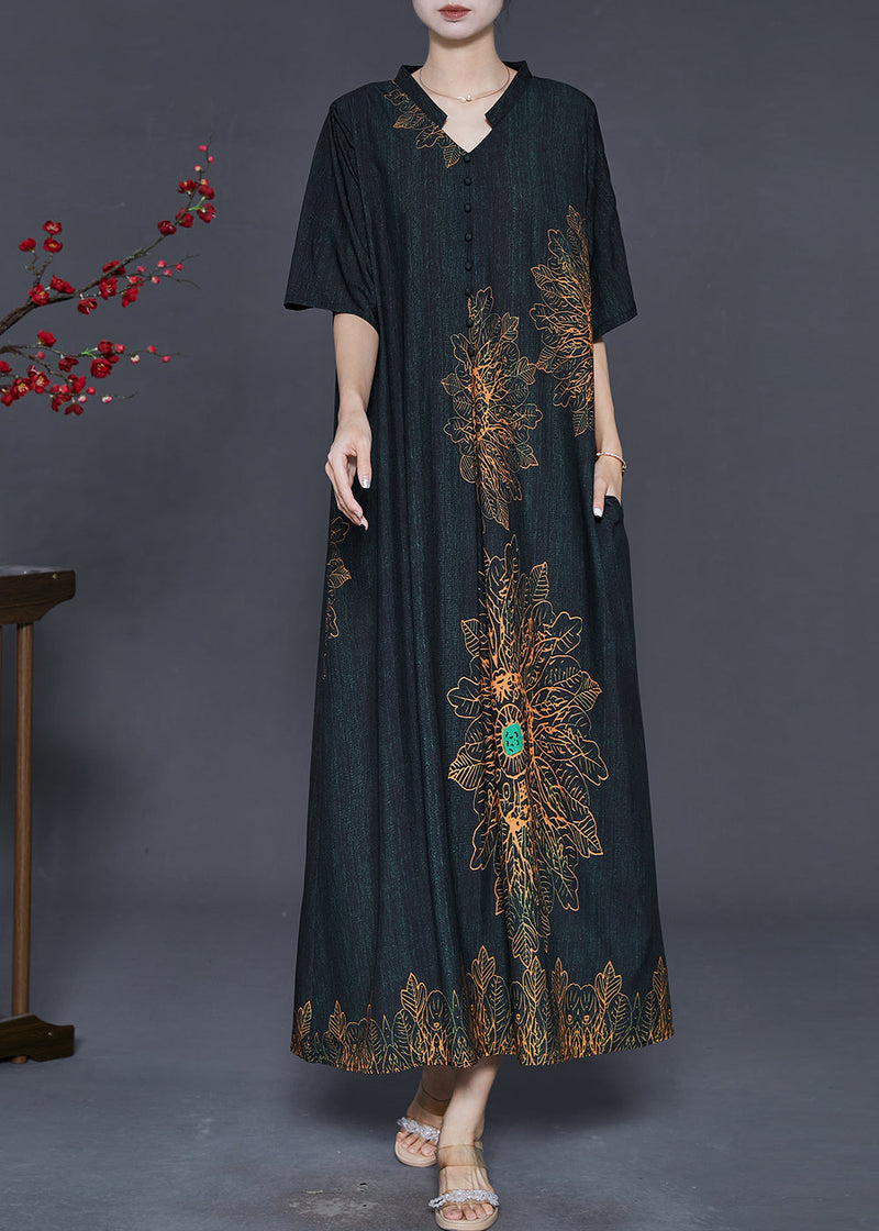 Black V Neck Print Silk Long Dresses Summer