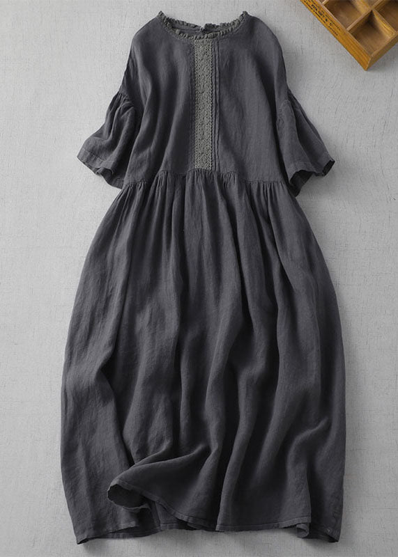 Black Wrinkled Embroidered Patchwork Linen Dress Summer