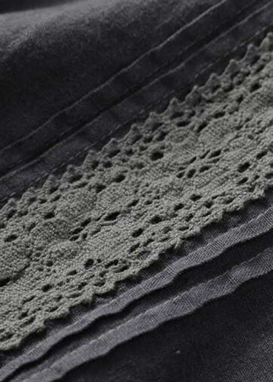 Black Wrinkled Embroidered Patchwork Linen Dress Summer