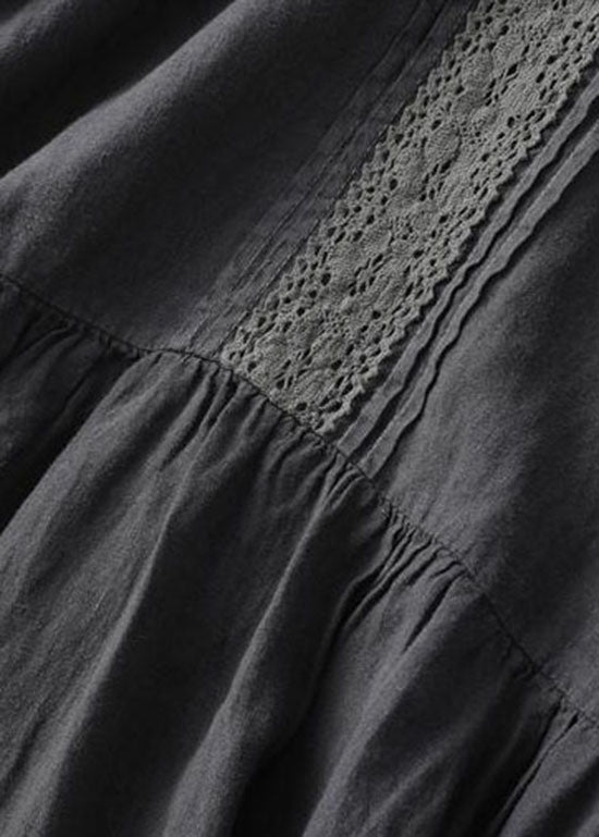 Black Wrinkled Embroidered Patchwork Linen Dress Summer