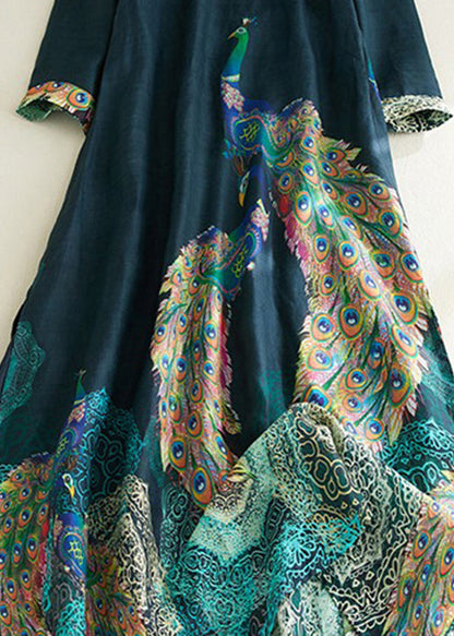 Blackish Green Stand Collar Print Side Open Long Dresses Short Sleeve