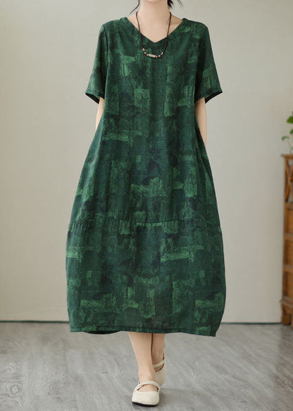 Blackish Green V Neck Print Patchwork Cotton Dress Summer