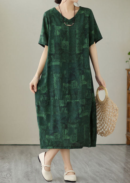 Blackish Green V Neck Print Patchwork Cotton Dress Summer