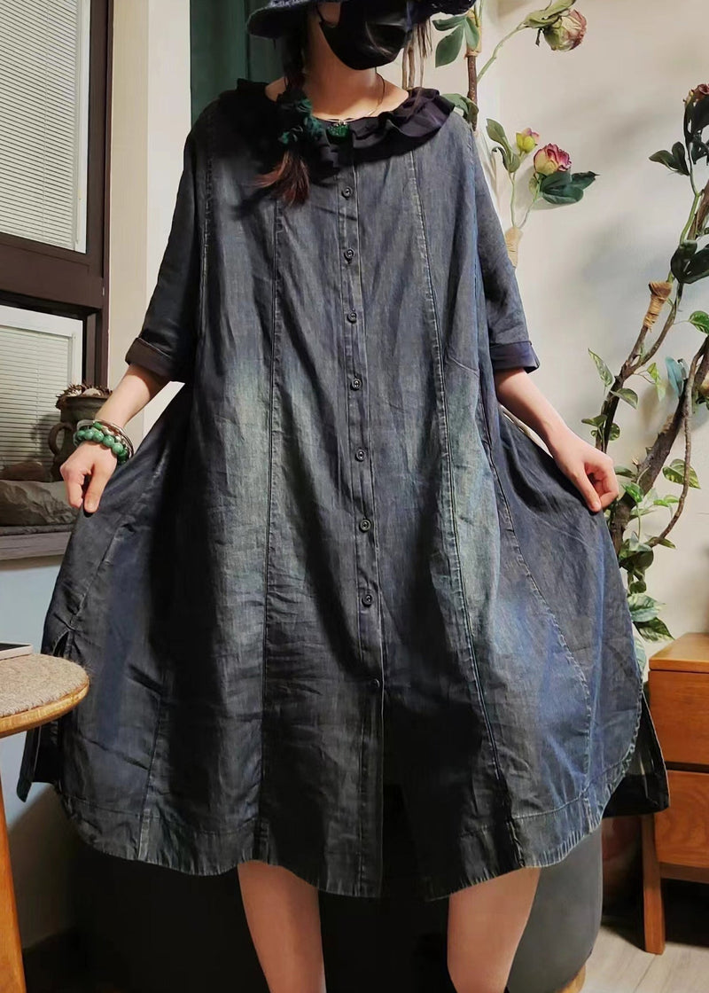 Blue Button Pockets Denim Shirts Dress Half Sleeve