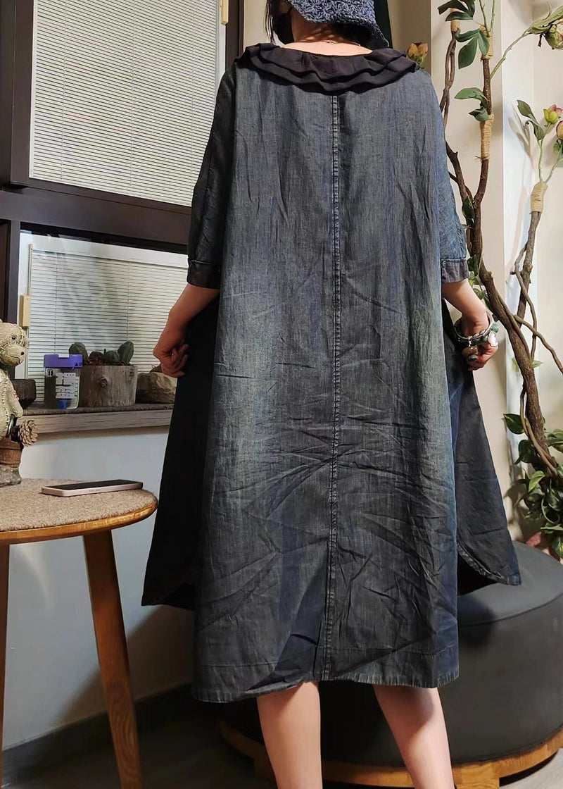 Blue Button Pockets Denim Shirts Dress Half Sleeve