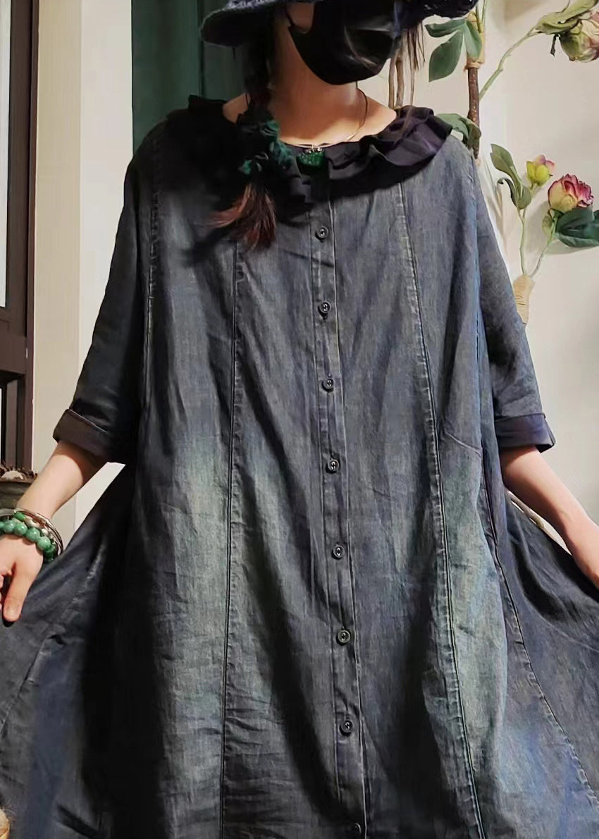 Blue Button Pockets Denim Shirts Dress Half Sleeve