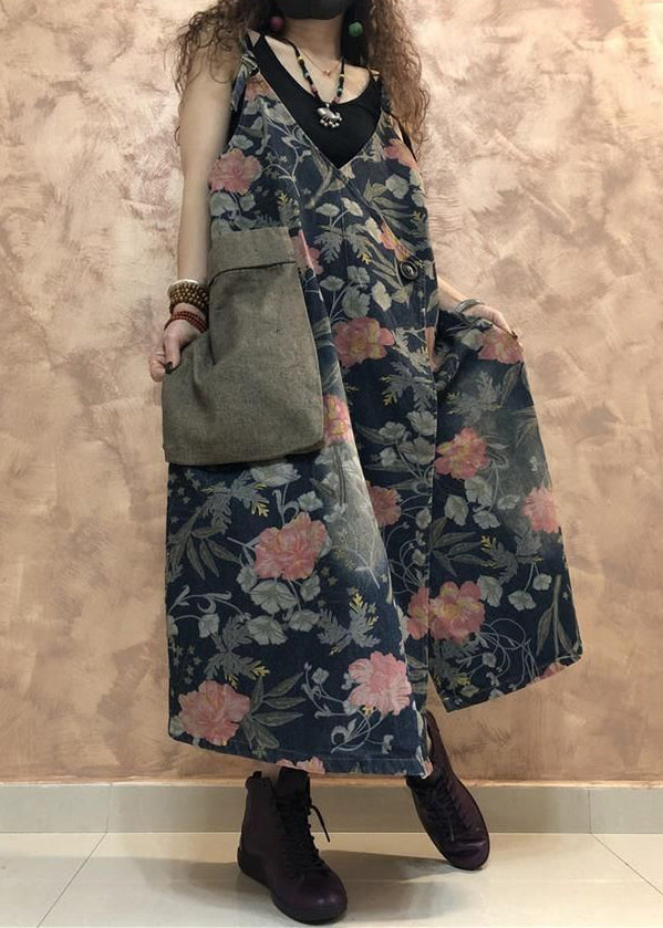 Blue Button Print Denim Spaghetti Strap Dress Sleeveless