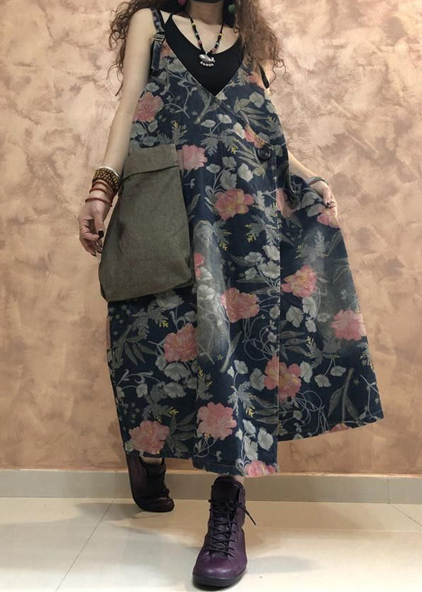 Blue Button Print Denim Spaghetti Strap Dress Sleeveless