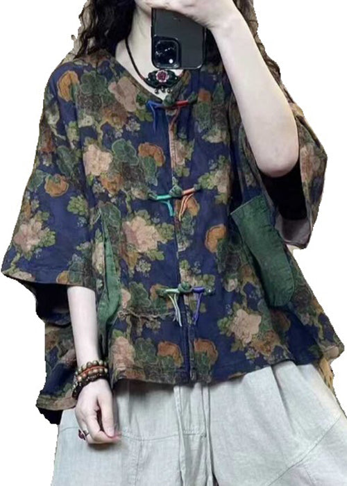 Blue Button Print Linen Blouse Half Sleeve