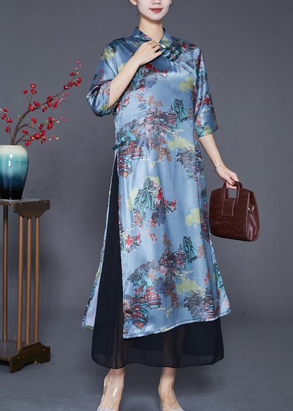 Blue Chinese Button Patchwork Silk Fake Two Piece Dresses Summer