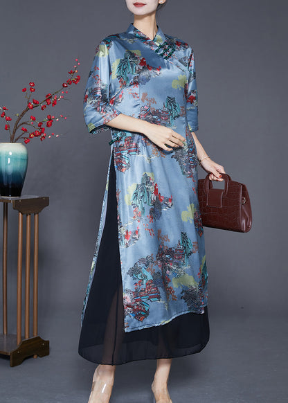 Blue Chinese Button Patchwork Silk Fake Two Piece Dresses Summer