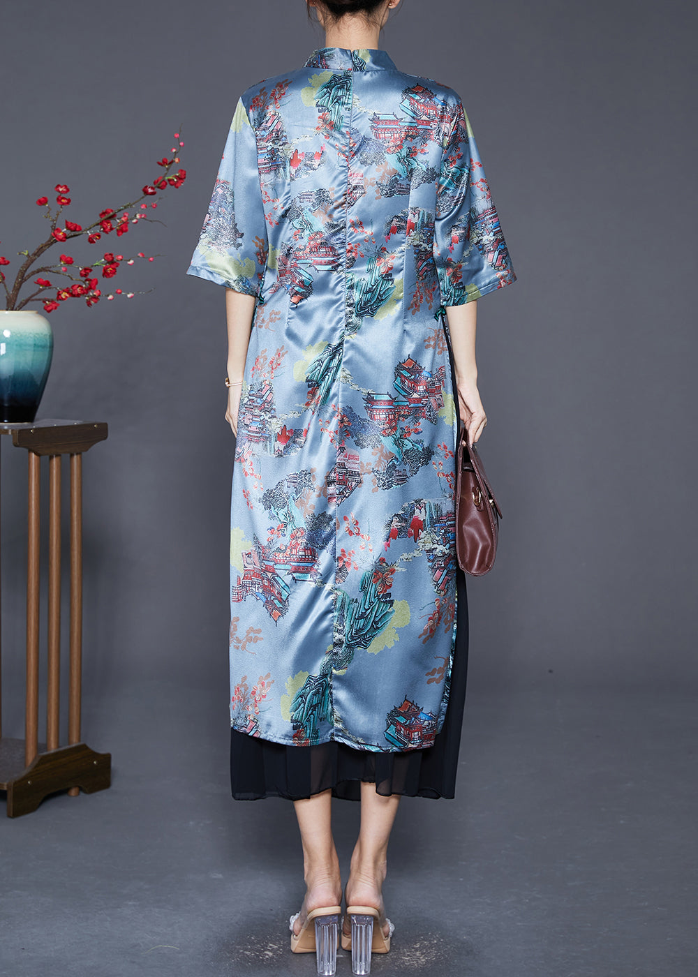 Blue Chinese Button Patchwork Silk Fake Two Piece Dresses Summer