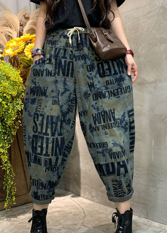 Blue Cinched Graphic Denim Pants Spring