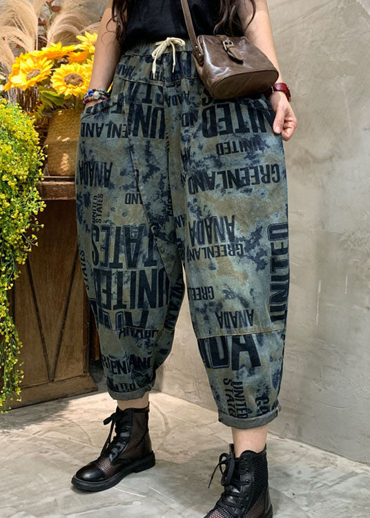 Blue Cinched Graphic Denim Pants Spring