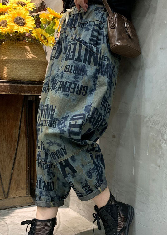 Blue Cinched Graphic Denim Pants Spring
