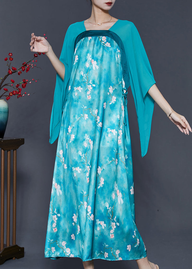 Blue Cinched Patchwork Silk Long Dresses Summer