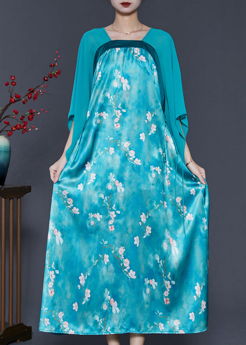 Blue Cinched Patchwork Silk Long Dresses Summer