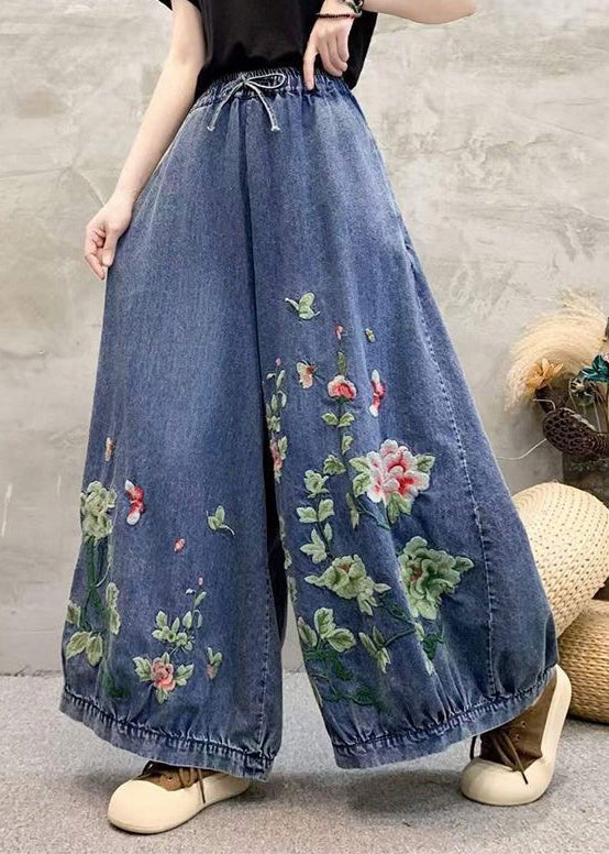Blue Embroidered Elastic Waist Denim Wide Leg Pants Spring