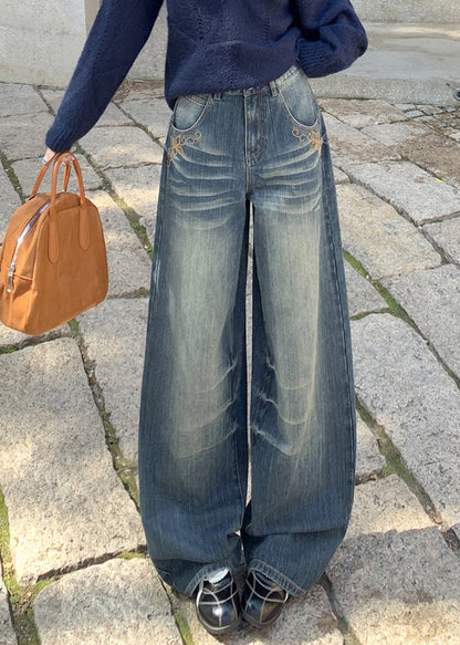 Blue Embroidered Pockets Denim Wide Leg Pants Spring