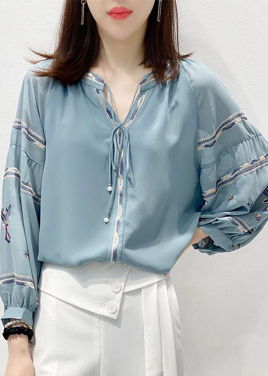 Blue Embroidered V Neck Chiffon Shirt Top Three Quarter Sleeve