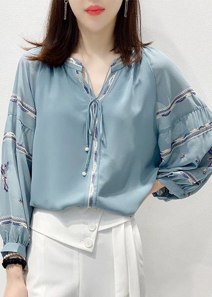 Blue Embroidered V Neck Chiffon Shirt Top Three Quarter Sleeve