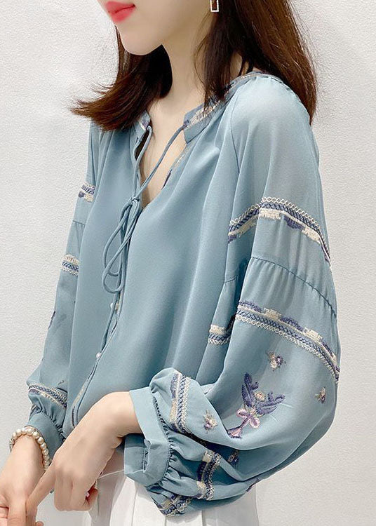Blue Embroidered V Neck Chiffon Shirt Top Three Quarter Sleeve